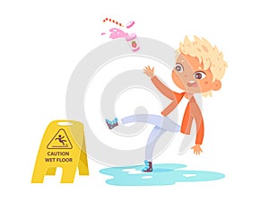 Boy slipping on clean slippery floor vector illustration. Cartoon little character stumbling, falling down in public