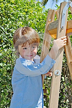 The boy with a smile poses on step-ladder