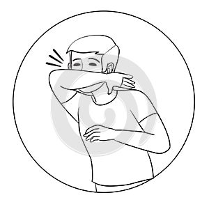 Boy sneezes in the elbow, outline drawing, isolated object on a white background, vector illustration,