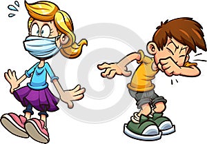 Boy sneezing and scared girl wearing a face mask