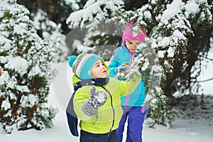 the boy in snow in the Park. A boy plays in winter Park. Adorable child walking in snow winter forest