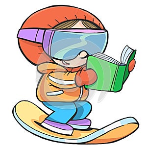 Boy on a snowboard is reading an interested book