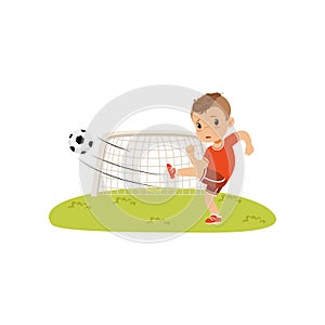 Boy with soccer ball doing kick on the lawn, sad boy did not score a goal vector Illustration on a white background