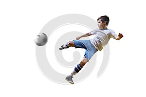 Boy with soccer ball, Footballer on the white background. isolated