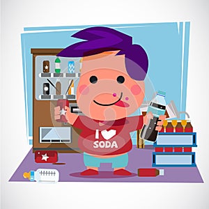 boy with soda can and bottle in his room. decorate with soda. vending machine. character desing. soda lover conept - vector illus