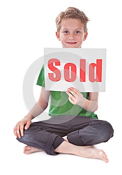 Boy with sold inscription