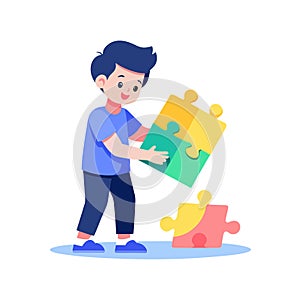 Boy Solving Puzzle: Child Development, Education, and Problem-Solving Skills Illustration