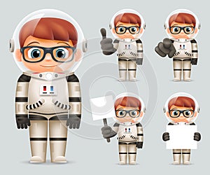 Boy Space Sci-fi Cosmonaut Realistic 3d Cartoon Astronaut Spaceman Icons Set Template Mock Up Design Vector Illustration