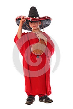 Boy in spanish red shirt and sombrero holding bota bag with wine photo