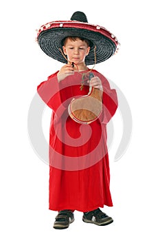 Boy in spanish red shirt and sombrero holding bota bag with wine photo