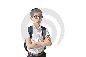 Boy in spectacles, shirt and backpack. Isolated over white background. Schoolboy. Teenager.