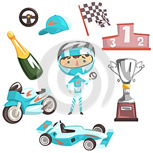 Boy Speed Racer, Kids Future Dream Professional Occupation Illustration With Related To Profession Objects