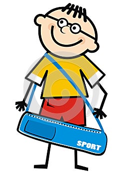 Boy and sports bag, vector funny illustration