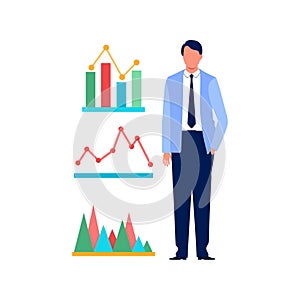 A boy is standing by the candlestick graph