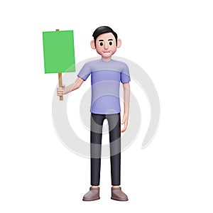 Boy standing casually holding green paper placard with right hand