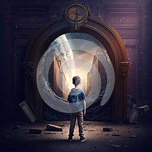 A boy standing in front of a magical portal