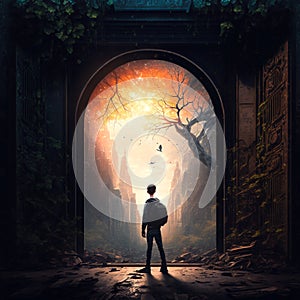 A boy standing in front of a magical portal