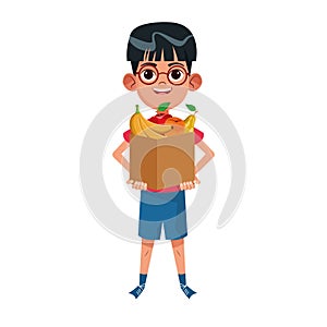 Boy standing and holding a fruits box, colorful design