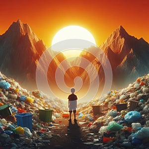 A boy standing in the middle of a garbage dump against the background of mountains and a sunny sunset.
