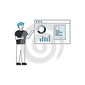 The boy is standing near the chart graph