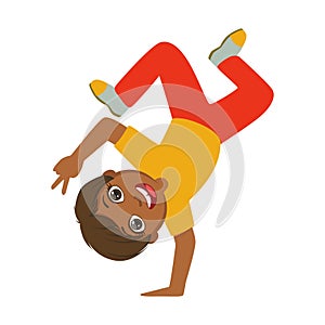 Boy Standing Upside Down On One Hand Dancing Breakdance Performing On Stage, School Showcase Participant With Musical