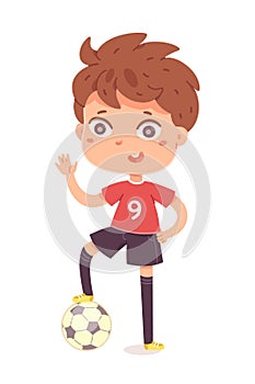 Boy standing and waving with ball under foot at football practice. Happy little kid playing sport in uniform vector