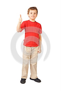 Boy standing on white thumbsup gesture