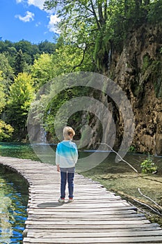 Boy standing on a wooden path going through the untouched thicke