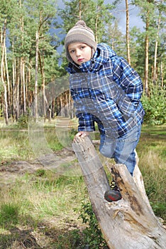 Boy standing in the woods on a log.