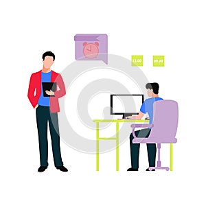 The boy stands next to the working boy