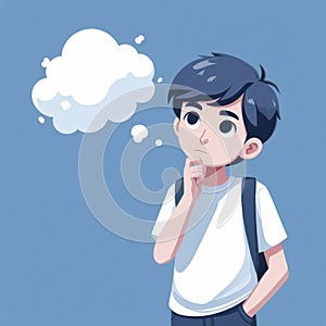 The boy stands thoughtfully and a cloud of thoughts flies out of her head on solid blue background. ai generative