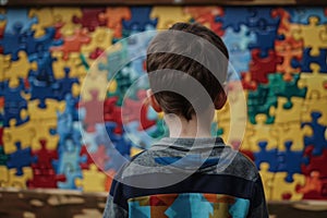 A boy stands before a vibrant puzzle piece mural, symbolizing the complexity and connectedness of the autism community