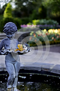 Boy statue with Day Lilly flower in the Garden.