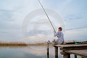 A boy on a wooden bridge and catches a fish on fishing rod.