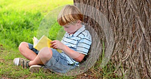 Boy in striped shirt and shorts reads a book under a tree photo