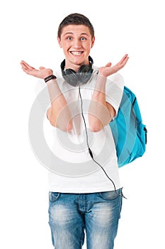 Boy student with backpack and headphones