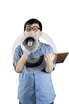 Boy student reading a book with a megaphone