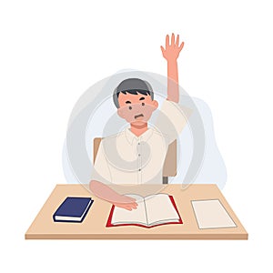 boy in student Uniform is raise his hand up to asking the question or answering in classroom. Asian student. Vector illustration