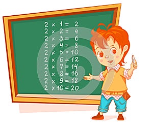 Boy student write multiplication table 2 on chalkboard. Math lesson education