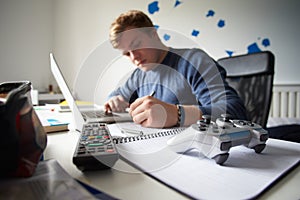 Boy Studying In Bedroom Using Laptop