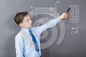 A boy studying digital chips on CMOS transistors photo