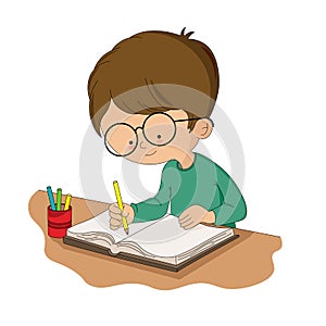 Boy studying at his desk. Isolated vector