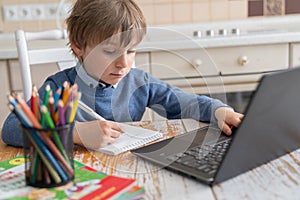 Boy studying home online while school is closed