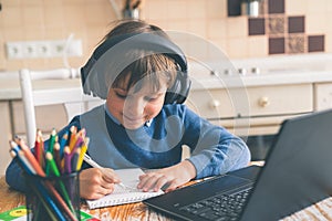 Boy studying home online while school is closed