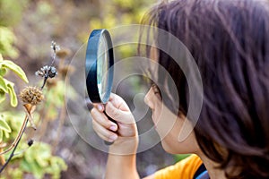 The boy is studying nature with a magnifying glass. A small child looks at a sheet with a magnifying glass. Summer holidays for