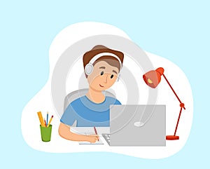 Boy studying online education at home cartoon vector illustration.