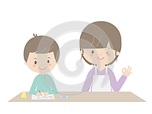 Boy studying with parents photo