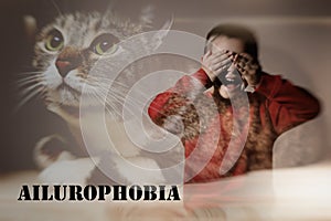 Boy suffering from ailurophobia. Irrational fear of cats