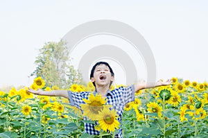 Boy in sunflower field