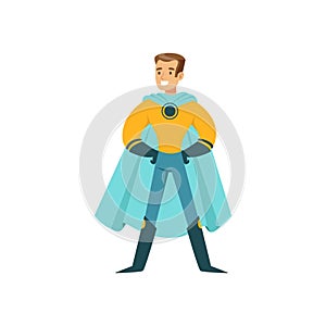 Boy superhero in classic comics costume standing proud